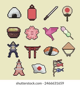 Paquete japón pixel art para proyectos y diseños digitales dinámicos.