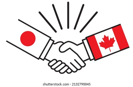 Japón y Canadá, manos con banderas estrechando manos. Ilustraciones de guerras, conflictos, alianzas, reconciliaciones, acuerdos entre naciones, íconos.