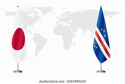 Japan and Cape Verde flags for official meeting against background of world map.