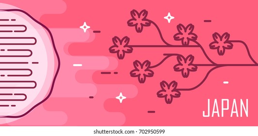 Japan card with moon and Sakura. Thin line flat design. Vector banner.
