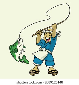 Japan Cartoon Fisherman catching the fish