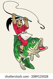Japan cartoon fisherman fishing the bass fish