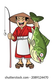 Japan Cartoon Fisherman Show His Big Fish