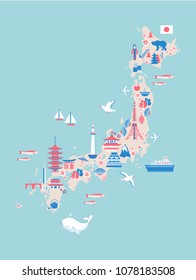 Japan cartoon travel map, vector illustration landmark Kinkaku JI temple, Itsukushima Shrine, Tokyo tower, Mountain Fuji, Kyoto Tower, Buddha Kamakura, Nagoya Castle, japanese symbols pagoda, sakura