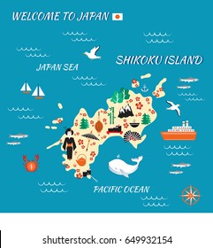 Japan cartoon travel map, vector illustration Shikoku island, japanese symbols sakura flower, decorative umbrella, fan, traditional food sushi, bamboo, kimono, touristic icons for design advertising