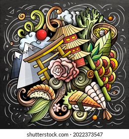 Japan cartoon vector doodle chalkboard illustration. Colorful detailed composition with lot of Japanese objects and symbols.