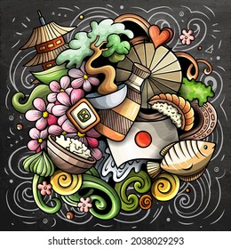 Japan cartoon vector doodle chalkboard illustration. Colorful detailed composition with lot of Japanese objects and symbols.