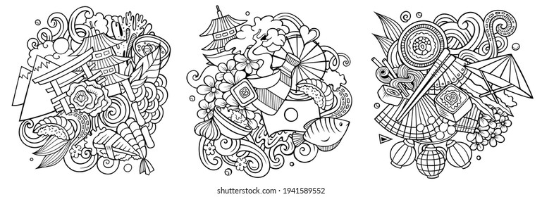 Japan cartoon vector doodle designs set. Line art detailed compositions with lot of Japanese objects and symbols. Isolated on white illustrations