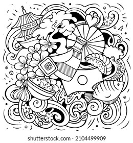 Japan cartoon vector doodle illustration. Sketchy detailed composition with lot of Japanese objects and symbols.