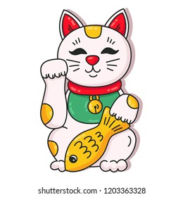 Japan cat with fish doodle colorful vector icon traditional symbol