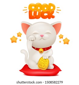 Japan cat Maneki Neko cartoon character with good luck title. Vector illustration