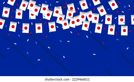 Japan celebration bunting flags with confetti and ribbons on blue background. vector illustration.