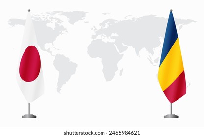 Japan and Chad flags for official meeting against background of world map.