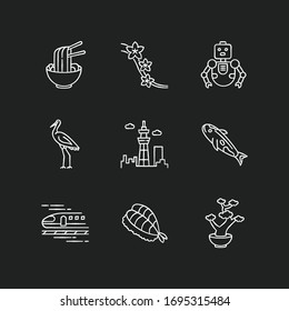 Japan chalk white icons set on black background. Ramen dish, asian food. Sakura tree. Crane bird. Tokyo sky tree. City tower. Koi fish. Japanese attributes. Isolated vector chalkboard illustrations