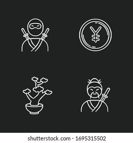 Japan chalk white icons set on black background. Ninja warrior. Yen coin. Bonsai tree in pot. Samurai, asian martial arts. Traditional japanese symbols. Isolated vector chalkboard illustrations