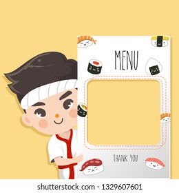 Japan chef recommends food menu.He is happy to have customers enjoy delicious sushi many style.
