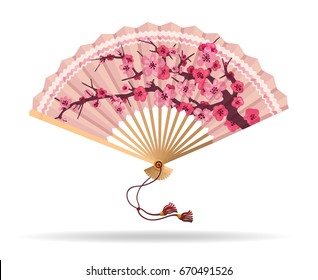 Japan cherry blossom folding fan vector illustration. Japanese fan with sakura branch pattern, geisha souvenir isolated on white