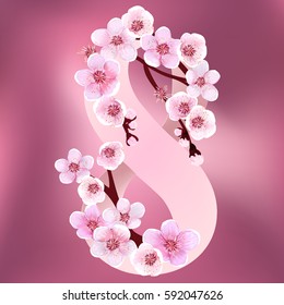 Japan Cherry. Branch with Blooming Flowers. Vector illustration. Card, Poster, Spring. Plum. Apricot Flower. Sakura. Japan Cherry. Blooming Pattern. 8 March. Happy Mother's Day.