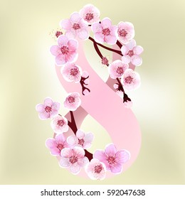 Japan Cherry. Branch with Blooming Flowers. Vector illustration. Card, Poster, Spring. Plum. Apricot Flower. Sakura. Japan Cherry. Blooming Pattern. 8 March. Happy Mother's Day.