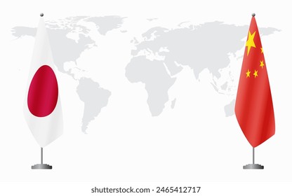 Japan and China flags for official meeting against background of world map.