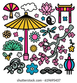 Japan, China set. Cherry tree blossom, lotus flower, yin and yang, lantern, umbrella, fan, arch, dragonfly, waves. Cartoon hand drawn isolated on white background