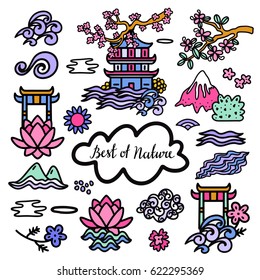Japan, China set. Cherry tree blossom, lotus, flower, temple, waves, cloud, sun, mountains. Cartoon hand drawn isolated on white background