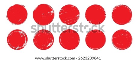 Japan circle red sun brush stamp watercolor paint shape sets. Hand drawn rough red Japanese flag circle shape ink brush stroke texture. Grunge asian rough badge element pack. Vector illustration
