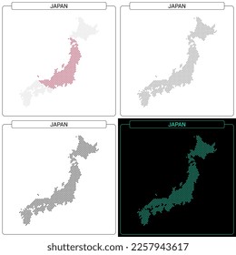 Japan Circular Mosaic Brick Dotted Map, Set of National Flag Color, Black Silhouette Country Boundary Isolated on White Background, Geographic Vector Illustration