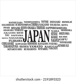 japan and its cities. black on white background, isolated. vector illustration.