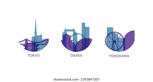 Japan cities logo and icon set. Vector graphic collection for Japanese metropolis Tokyo, Osaka, Yokohama