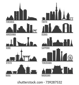 Japan Cities Most Famous Skyline City Silhouette Design Collection Set Pack