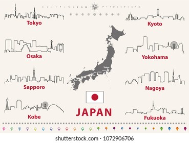 Japan cities skylines vector outline icons with japanese flag and map