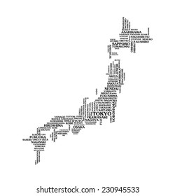 Japan city map tag cloud concept print. National capitals and major japanese cities name word collage text pattern, black vector art image illustration graphic design, isolated on white background