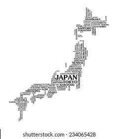 Japan city map tag cloud concept print. National capital and major japanese cities name word collage text pattern, black vector art image illustration graphic design, isolated on white background
