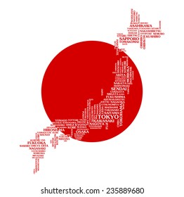 Japan city map tag cloud concept print. National capitals and major japanese cities name word collage text pattern, black vector art image illustration graphic design, isolated on white red background