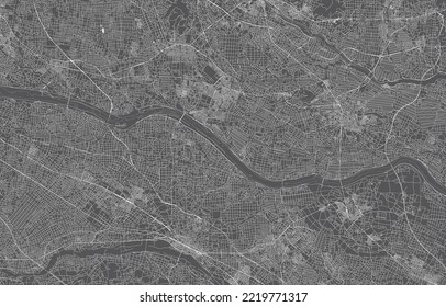 japan city map. vector illustration with black background, white outline, scene with japan city, town, road, street, map urban, location, landmark, transportation. design for print, poster, wallpaper.