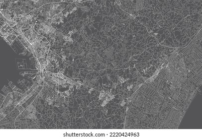 Japanische Stadtplan. Vektorgrafik mit schwarzem Hintergrund, weißer Umriss, Szene mit japanischer Stadt, Stadt, Straße, Stadtplan, Lage, Wahrzeichen, Verkehr. Design für Druck, Plakat, Tapete.