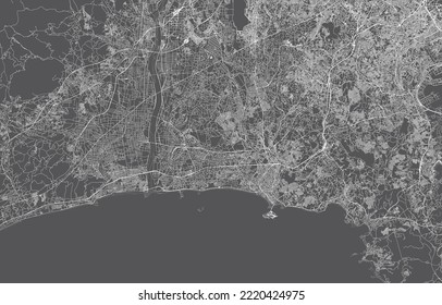 japan city map. vector illustration with black background, white outline, scene with japan city, town, road, street, map urban, location, landmark, transportation. design for print, poster, wallpaper.