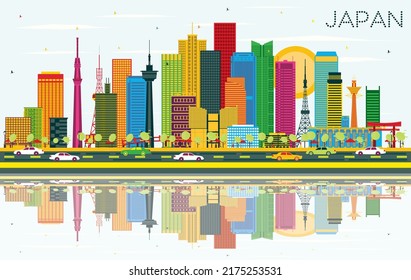 Japan City Skyline with Color Buildings, Blue Sky and Reflections. Vector Illustration. Concept with Historic Architecture. Cityscape with Landmarks. Tokyo. Osaka. Nagoya. Kyoto. Nagano.