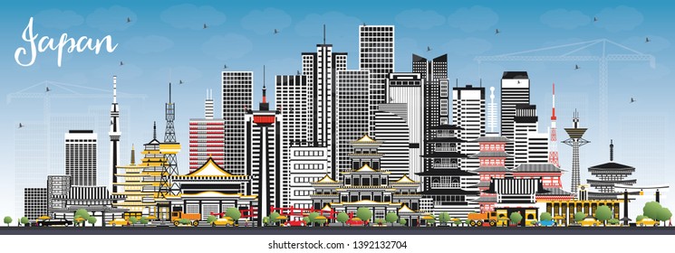 Japan City Skyline with Gray Buildings and Blue Sky. Vector Illustration. Tourism Concept with Historic Architecture. Cityscape with Landmarks. Tokyo. Osaka. Nagoya. Kyoto. Nagano.