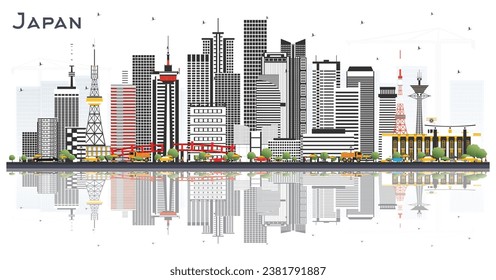 Japan City Skyline with Gray Buildings and reflections Isolated on White. Vector Illustration. Tourism Concept with Historic Architecture. Cityscape with Landmarks. Tokyo. Osaka. Nagoya. Nagano. 