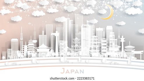 Japan City Skyline in Paper Cut Style with White Buildings, Moon and Neon Garland. Vector Illustration. Business Travel and Tourism Concept. Japan Cityscape with Landmarks.