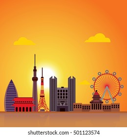 Japan city skyline vector illustration. Urban cityscape of Japan