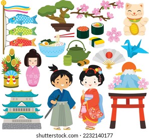 Japan clipart set. Japanese icons, people, food and traditional items.