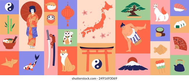 Collage de Japón. Lugar famoso de viaje. Comida asiática. Kimono de geisha. Mapa de la isla. Recuerdo tradicional. Pescado koi. Perro Akita. Té Matcha. Samurai katana. Puerta de Pagoda Torii. Conjunto japonés plano. Ilustración vectorial