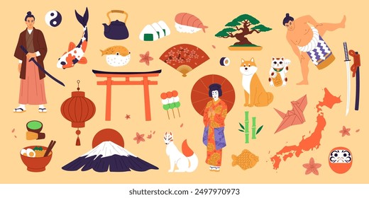 Japan collage. Travel landmark. Japanese samurai. Geisha woman kimono. Tea cup. Akita dog. Koi fish. Asian food. Fuji mountain. Pagoda torii. Traditional souvenir. Vector cartoon country elements set