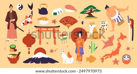Japan collage. Travel landmark. Japanese samurai. Geisha woman kimono. Tea cup. Akita dog. Koi fish. Asian food. Fuji mountain. Pagoda torii. Traditional souvenir. Vector cartoon country elements set