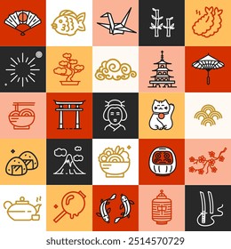 Japão Elemento de cor Símbolo Viagem e Turismo Linha fina Sem Costura Plano de Fundo Padrão Incluir Geisha, Fuji, Lanterna e Bambu . Ilustração vetorial