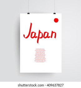 Japan. Color illustration. Red text on white background. Hand drawn sign and place for text. Poster for your business.
