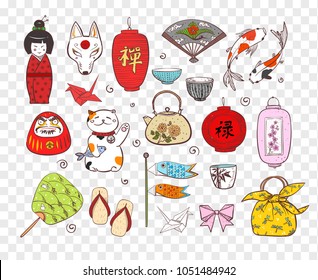 Japan colored doodle sketch elements. Symbols of Japan.